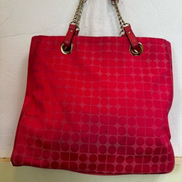 Kate Spade Pink Jacquard Pink Canvas Chain Strap Tote Shoulder Bag Leather Print - Picture 4 of 16